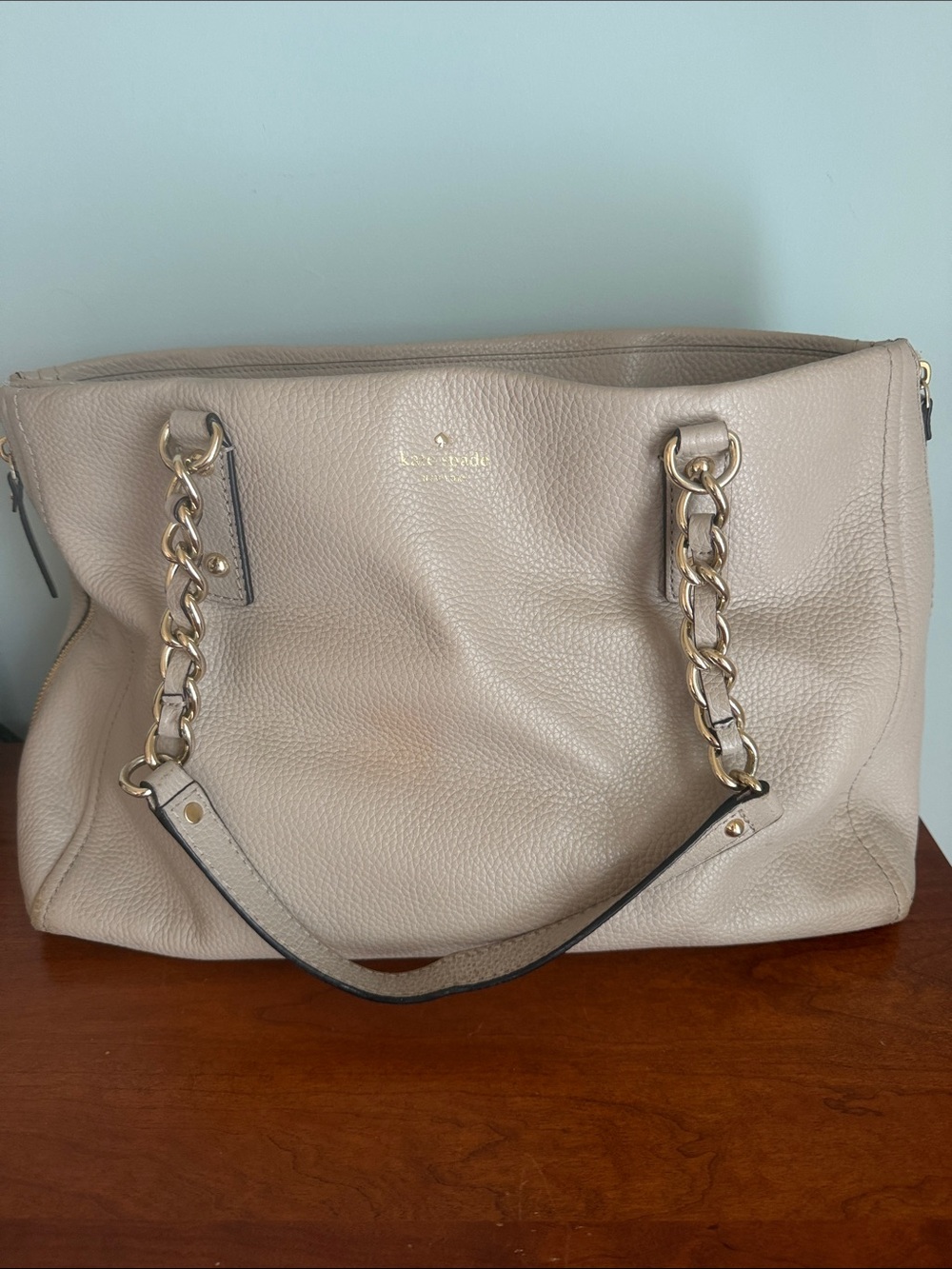 kate spade Taupe Leather Tote with Gold Chain-Straps